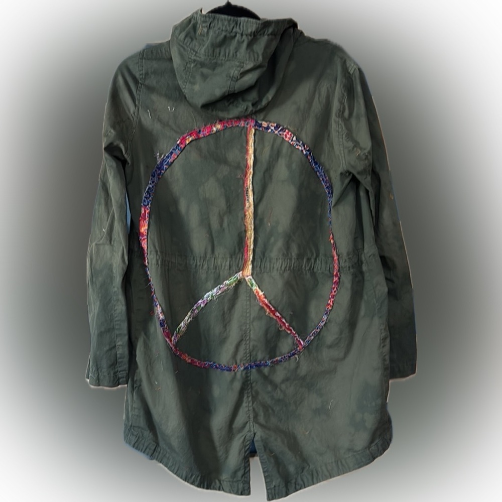 Olive Green Utility Jacket with Peace Sign Boho Flower Child. - Picture 2 of 3